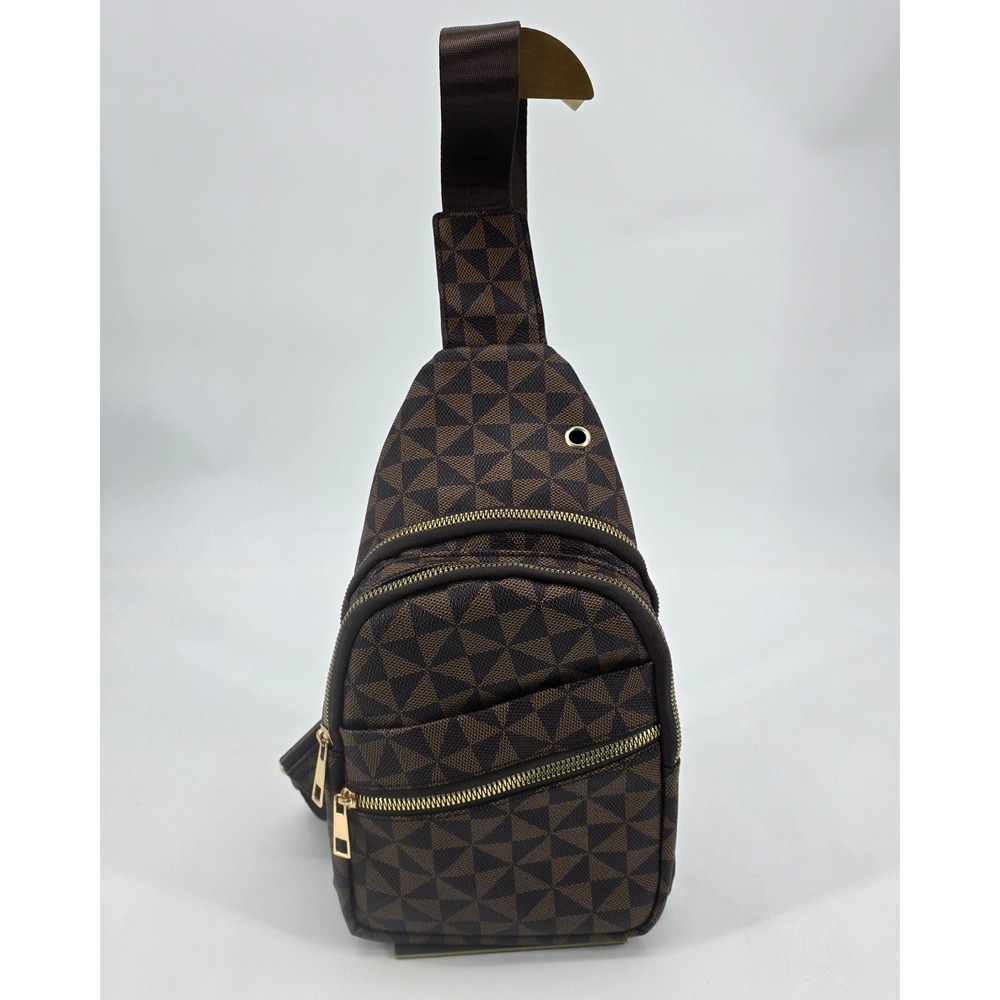 Brown Geometric Monogram Sling Backpack Crossbody Bag Gold Tone Travel